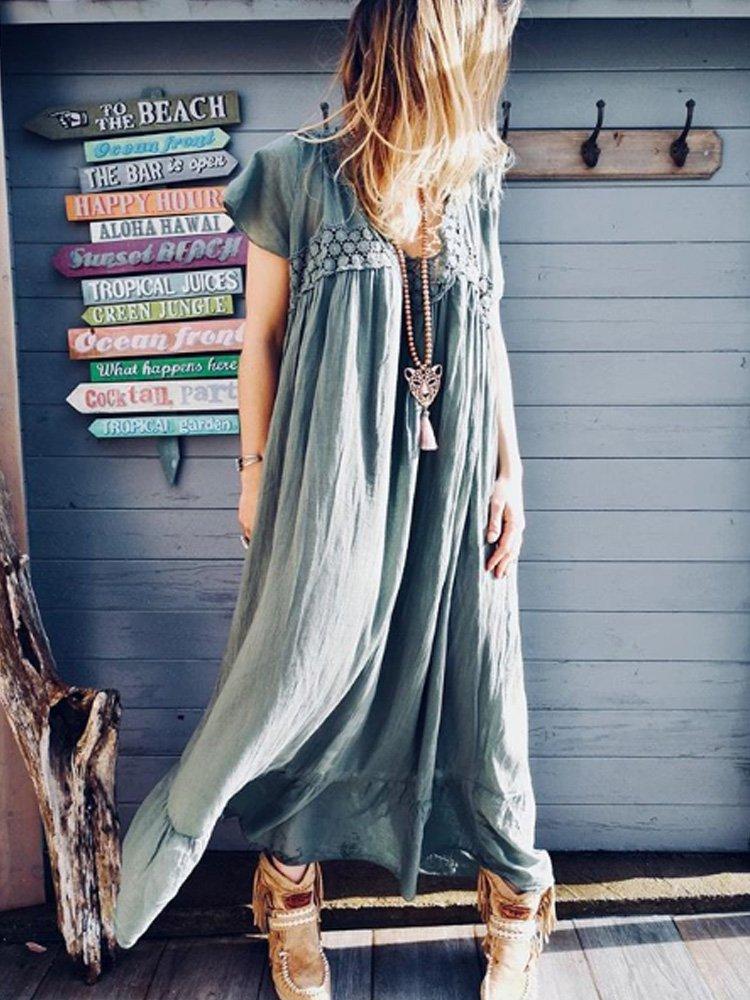 Patchwork V Neck Short Sleeve Dresses