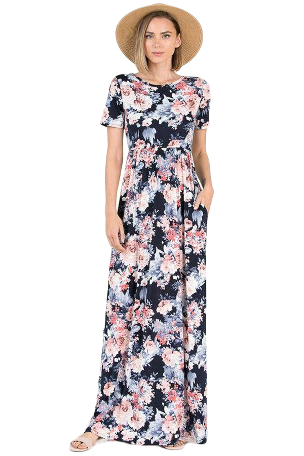Coral Floral Pattern Short Sleeve Summer Maxi Dress in Black