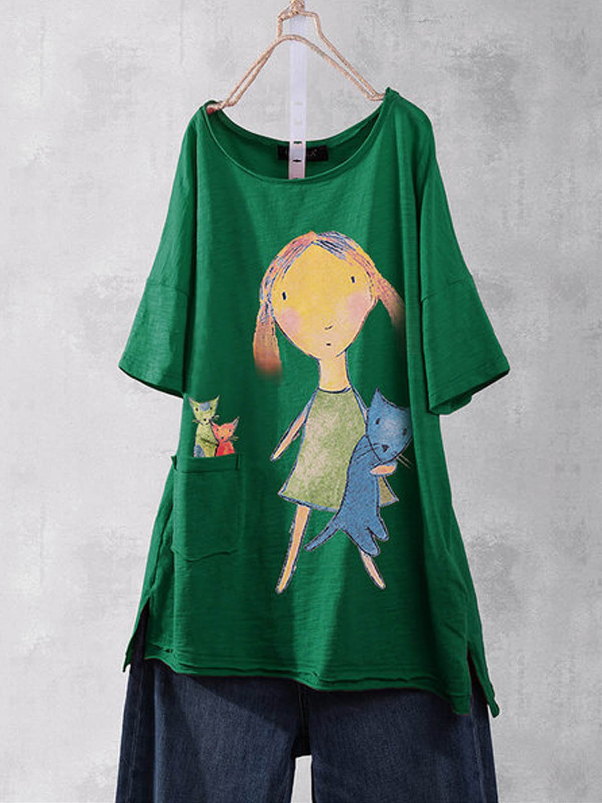 Animal Round Neck Casual Cotton-Blend Shirts & Tops