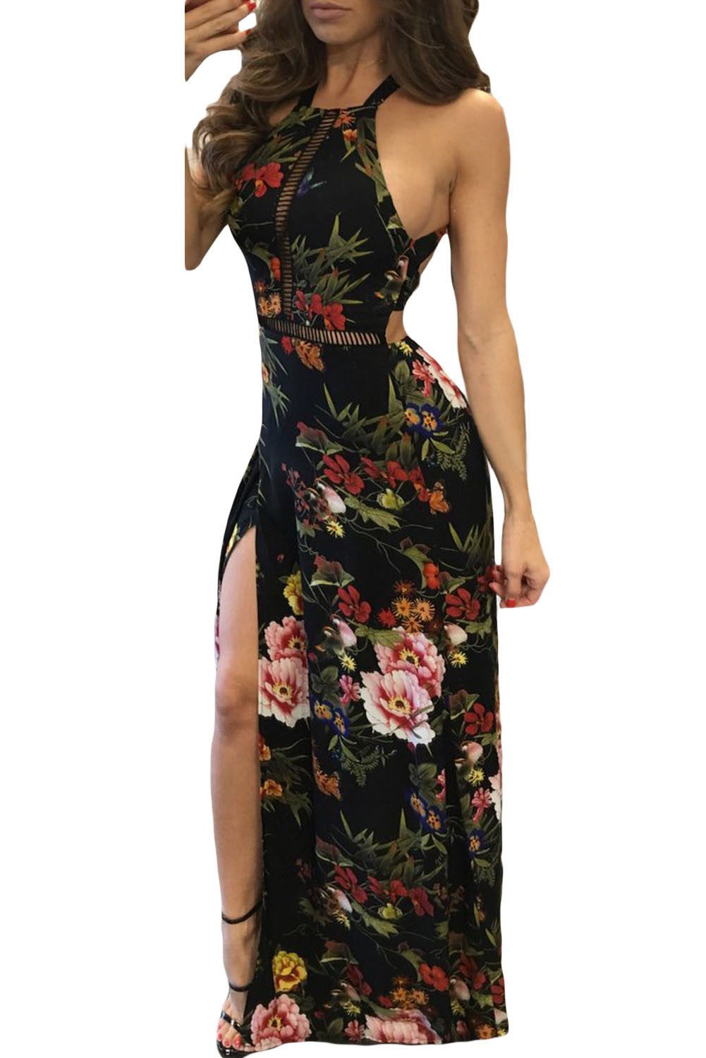 Black Floral High Neck Open Back Split Maxi Dress