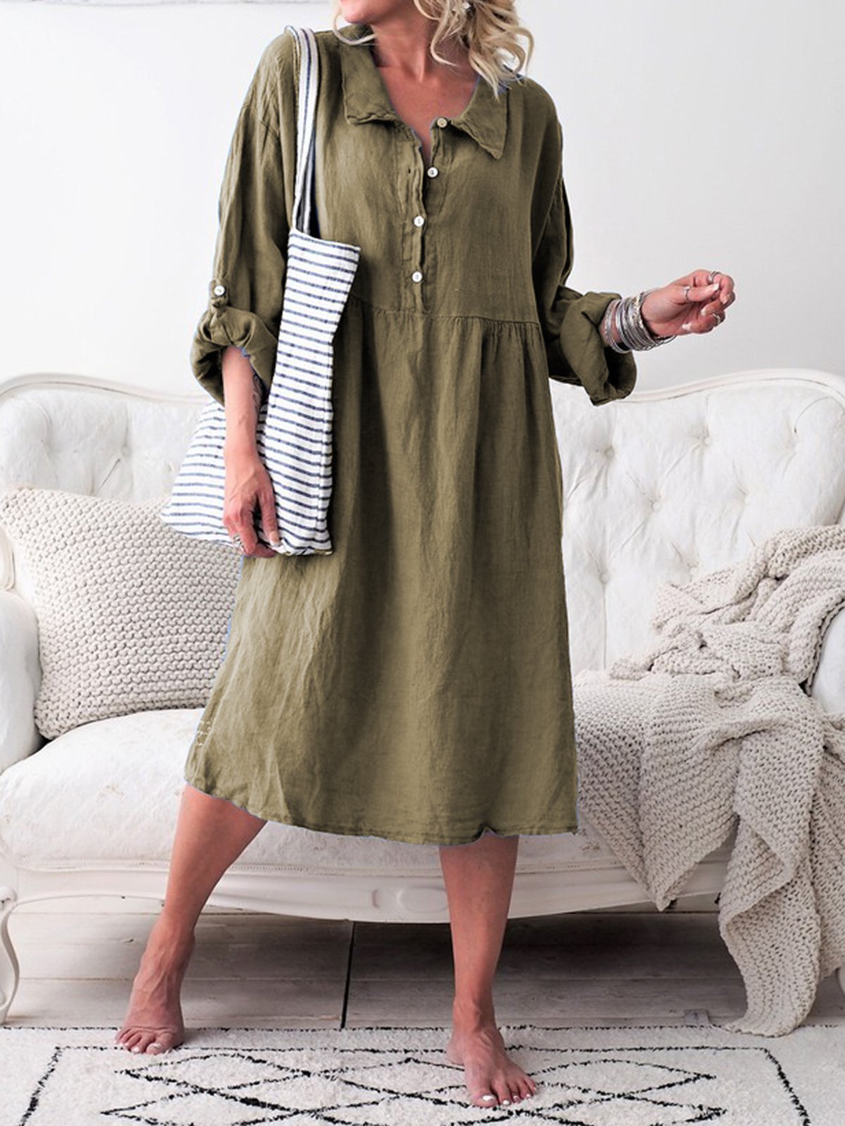 Women Casual Summer Dress Convertible Long Sleeves Buttoned Loose Dresses