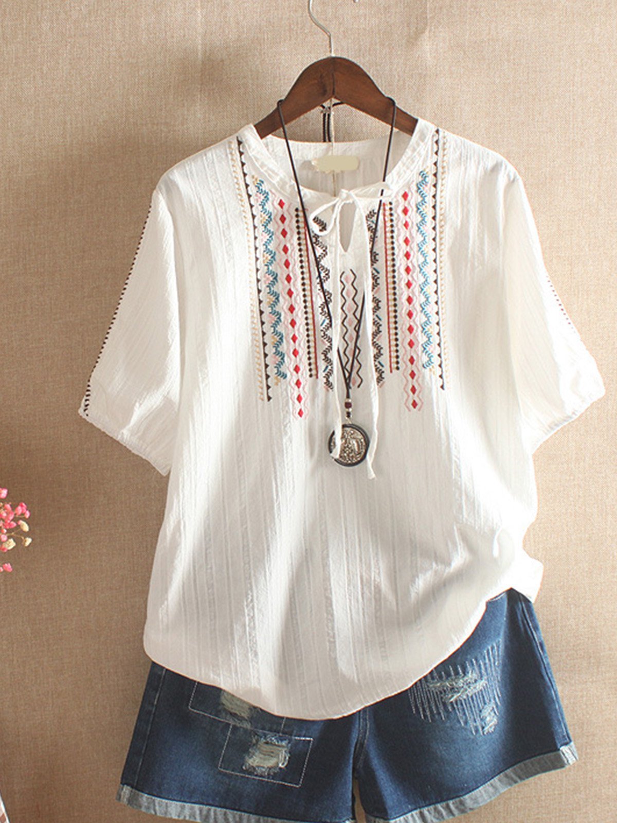 Women Casual Embroidery Tops Tunic Blouse Shirt