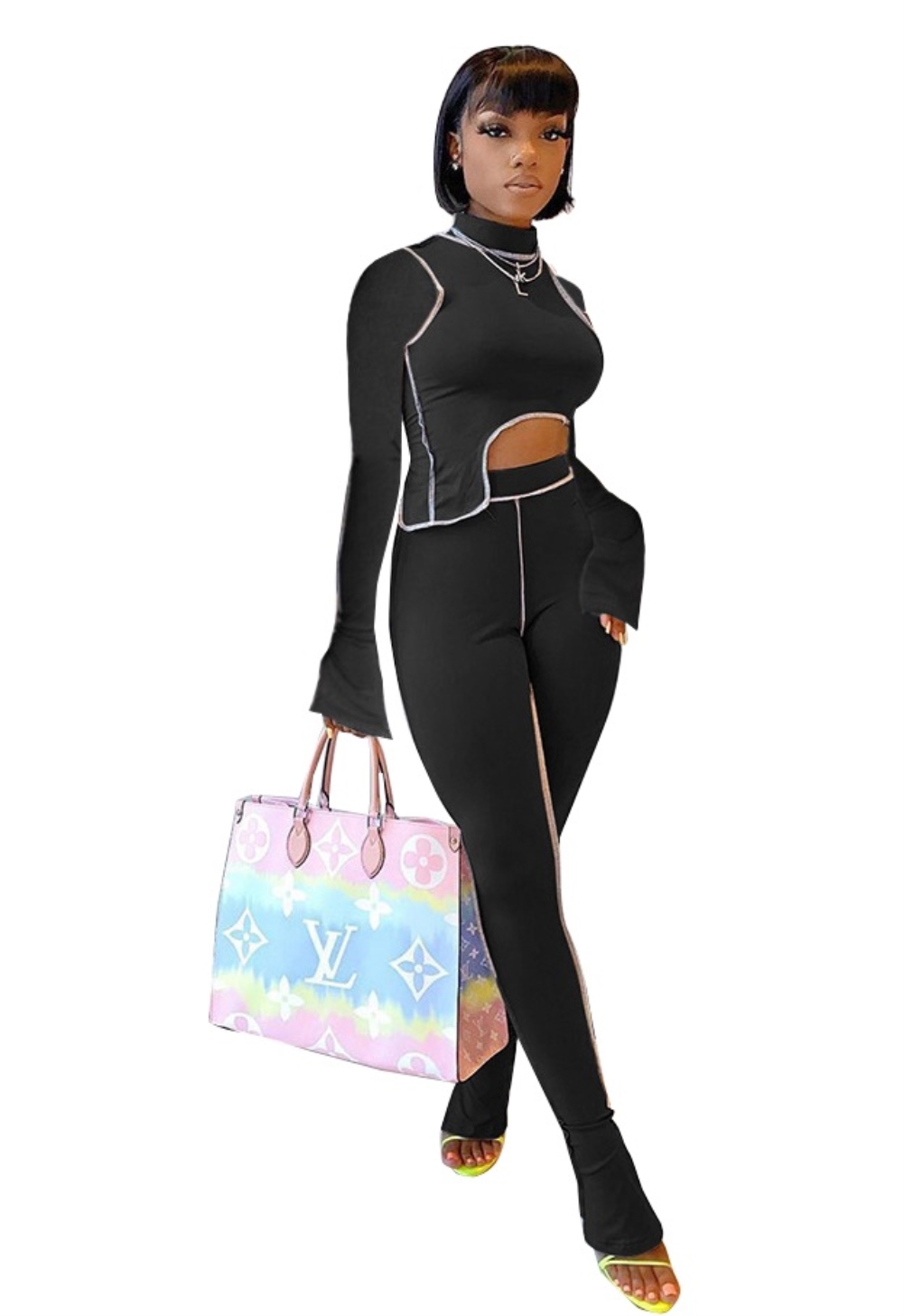 Black Long Sleeve Crop Top and Pants Set