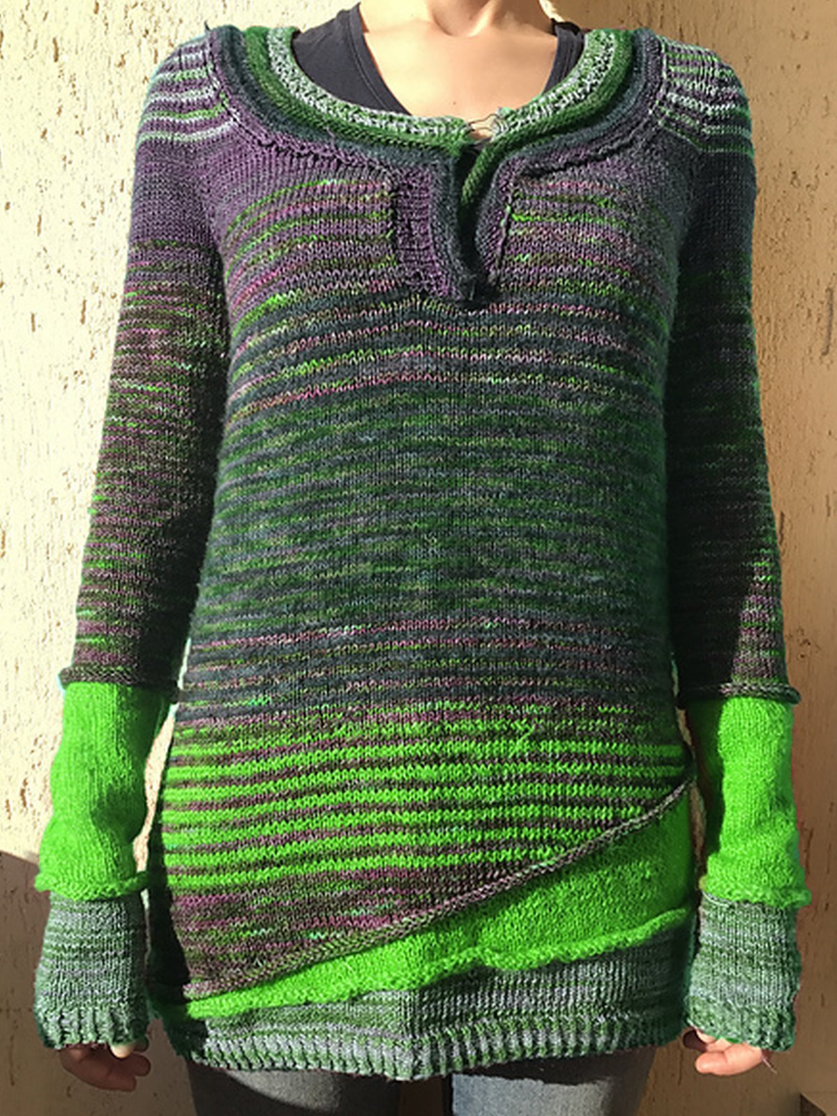 Mottled Striped Paneled Long Sleeve Women's Sweaters