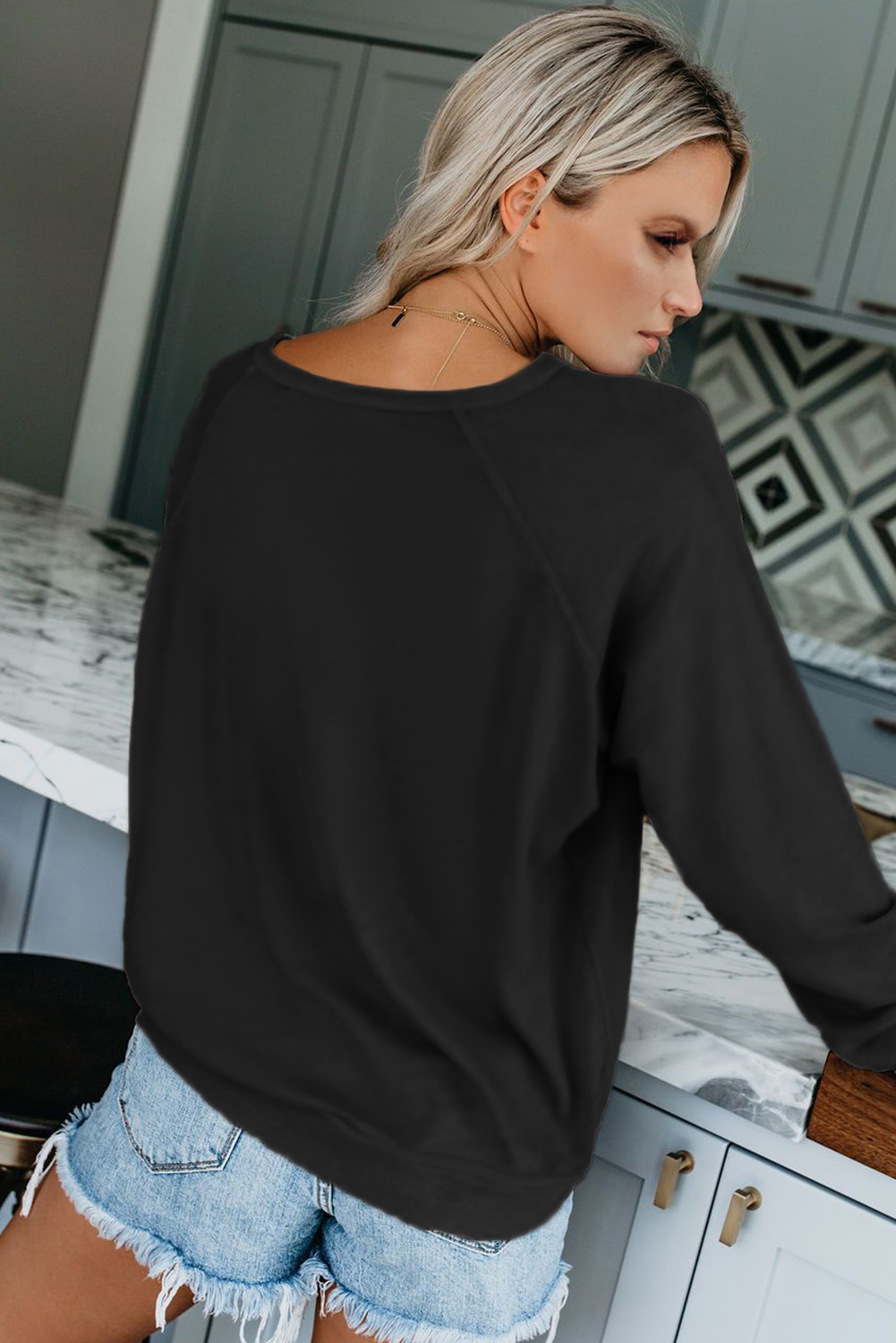 Black French Terry Cotton Blend Pullover Sweatshirt