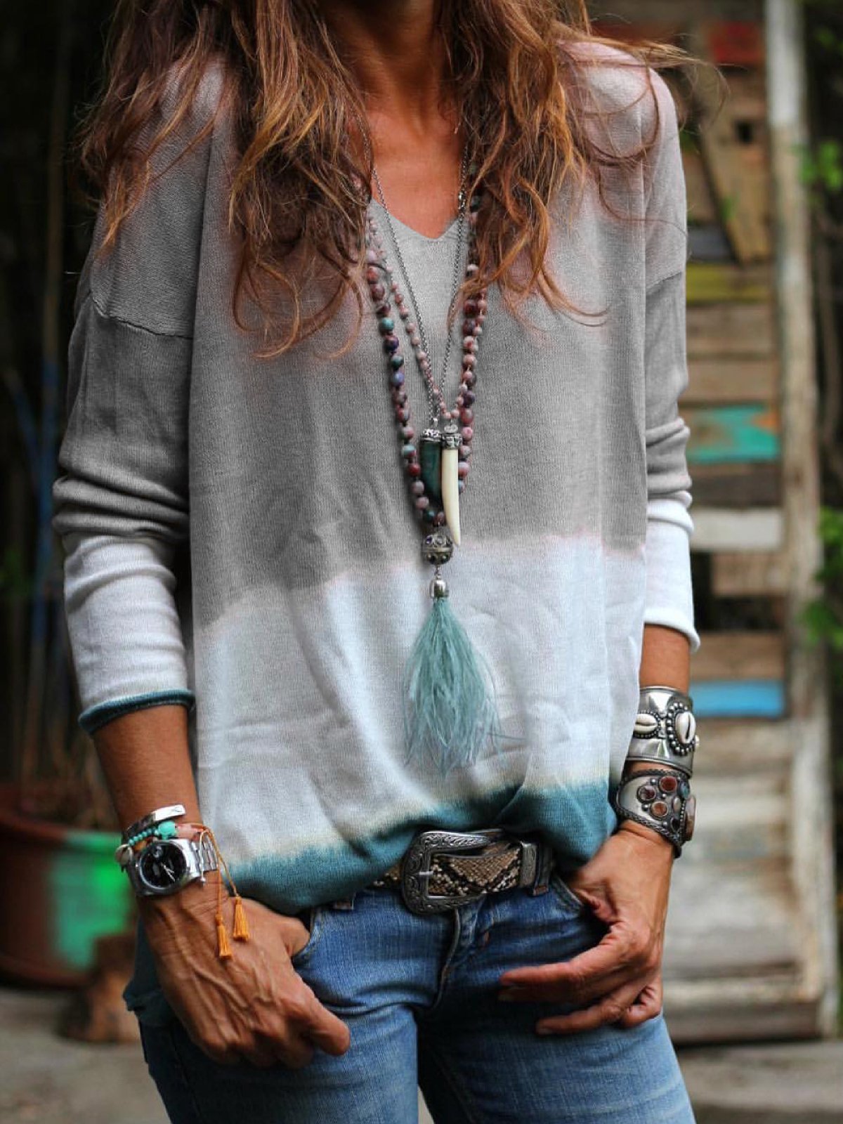 Purple Long Sleeve Ombre/tie-Dye Printed/dyed V Neck Shirts & Tops