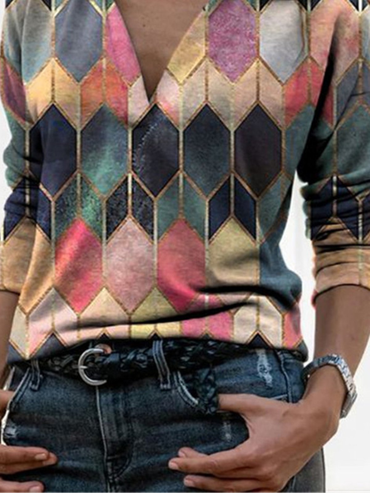 Color-Block Long Sleeve Shirt Collar Abstract Shirts & Tops