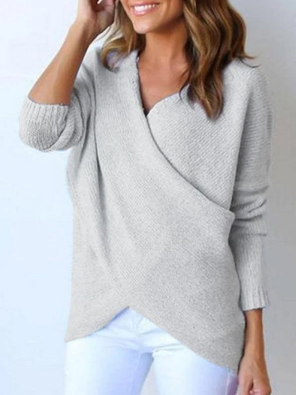 Koseme Surplice Curved Hem Long Sleeve Sweater