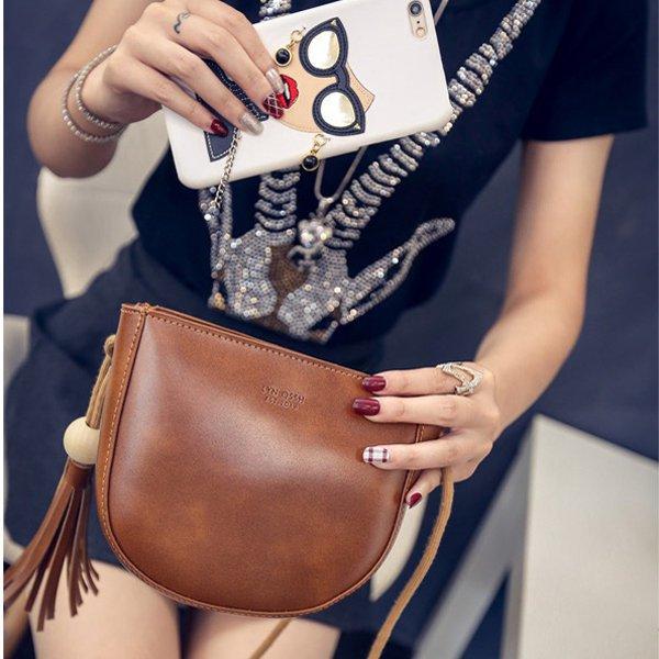 Women Sweet Tassel Oil Leather Crossbody Bag Casual Phone Bag