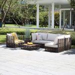 ESSENTIAL LOUNGER 6 Pieces Outdoor Patio Furniture Set, Sectional Conversation Outdoor Rattan Furniture Set with Olefin Cushions and Coffee Table, Wicker Sofa with Umbrella Hole for Garden, Poolside