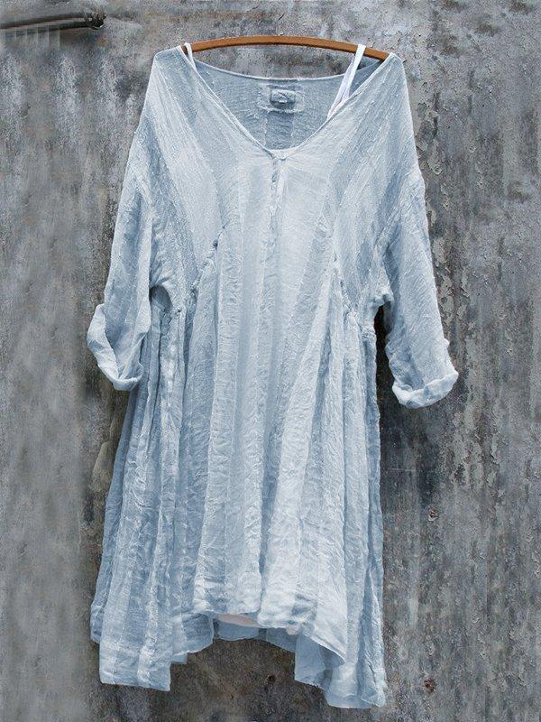 Casual V-Neck 3/4 Sleeve Striped Plus Size Bat Sleeve Tops