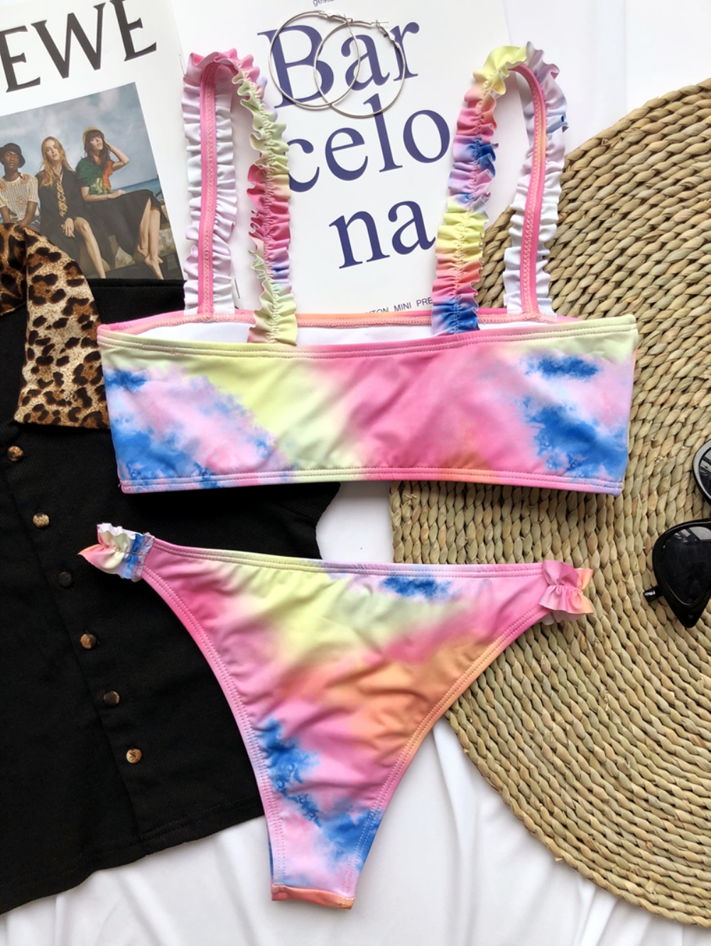 Tie Dye Two Piece Ruffles Swimwear