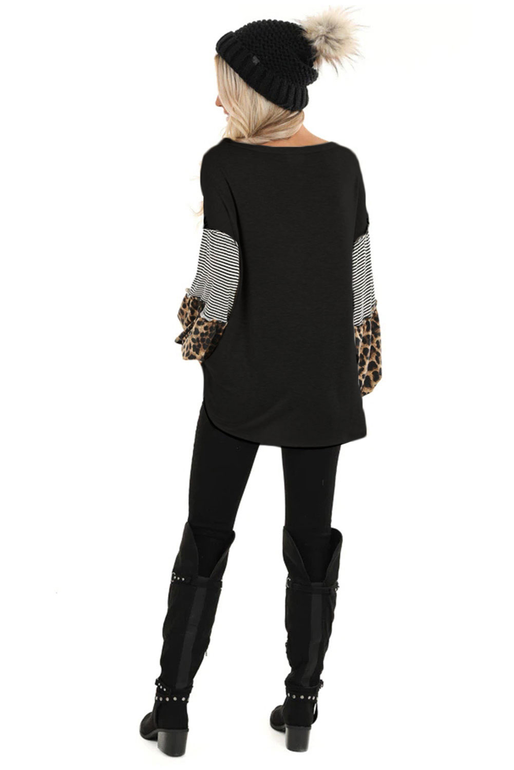 时尚豹纹条纹拼接灯笼袖黑色宽松舒适上衣