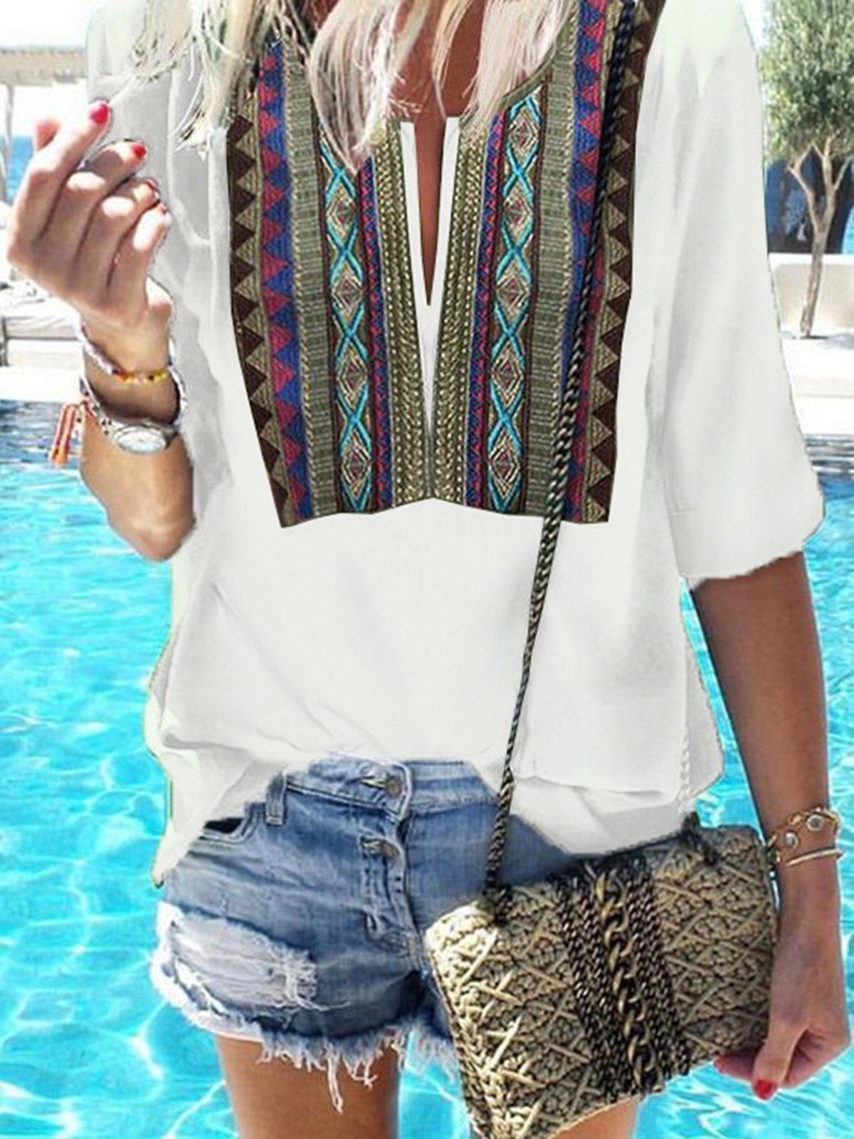 V Neck Cotton Casual 3/4 Sleeve Dresses