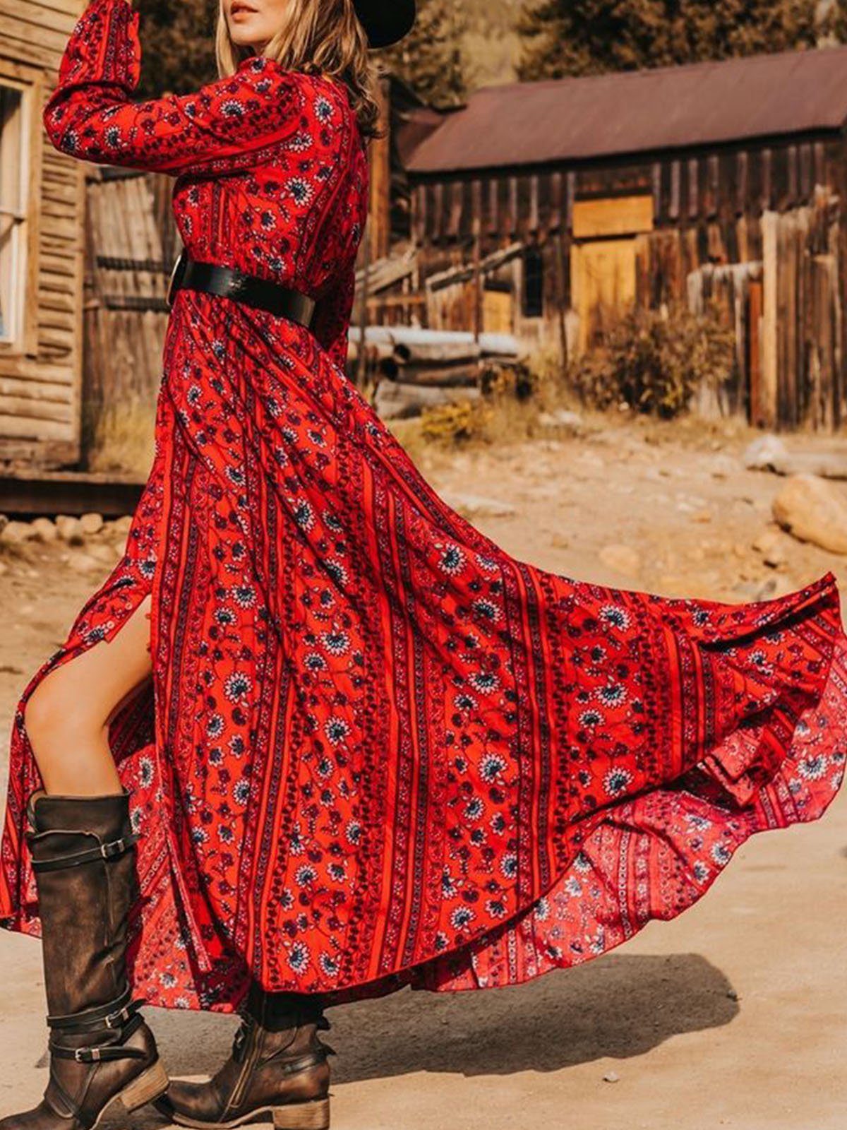 V Neck Casual Long Sleeve Floral Dresses