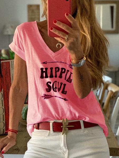 Letter Short Sleeve V Neck Shirts & Tops