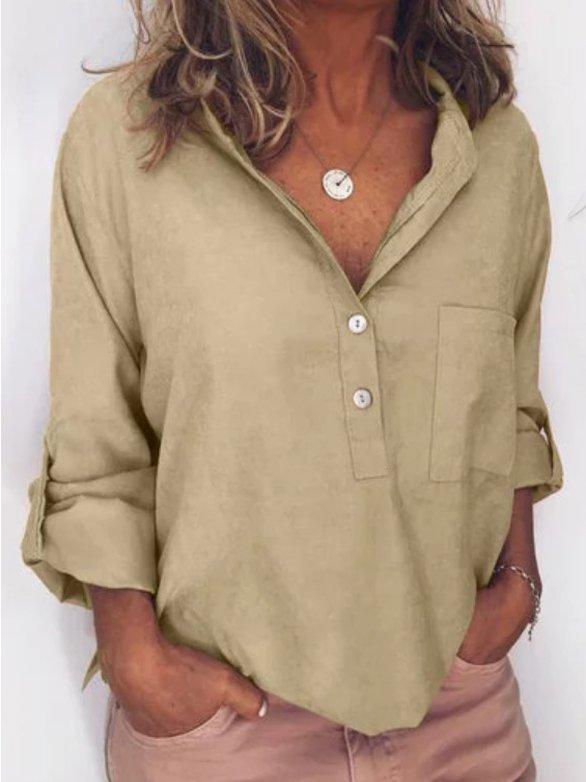 Casual Linen Pockets Long Sleeve Blouses&shirts