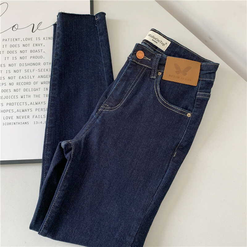 舒适好穿~小脚毛边修身牛仔裤女秋冬高腰显瘦弹力休闲皮标九分裤