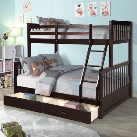 Twin-Over-Full Bunk Beds with Ladders and 2 Storage Drawers, Espresso, Brown