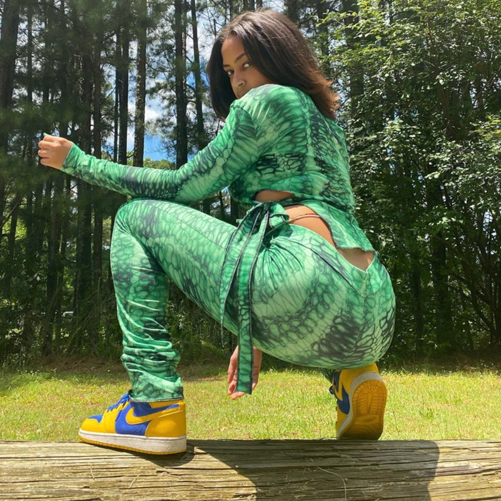 Autumn Matching Tie Dye Sexy One Shoulder Crop Top and Pants Set