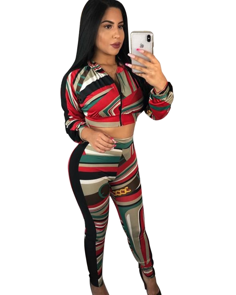 Print Colorful Long Sleeve Crop Top and Pants Set