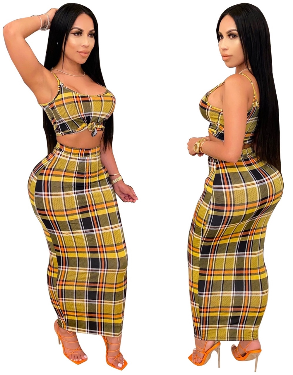 Plaid Print Sexy Strap Crop Top and Pencil Skirt Set