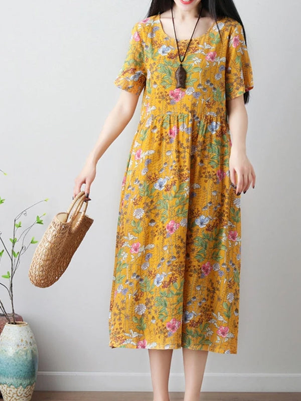 Women's  Fashion floral Print  O-neck maxi Dresses