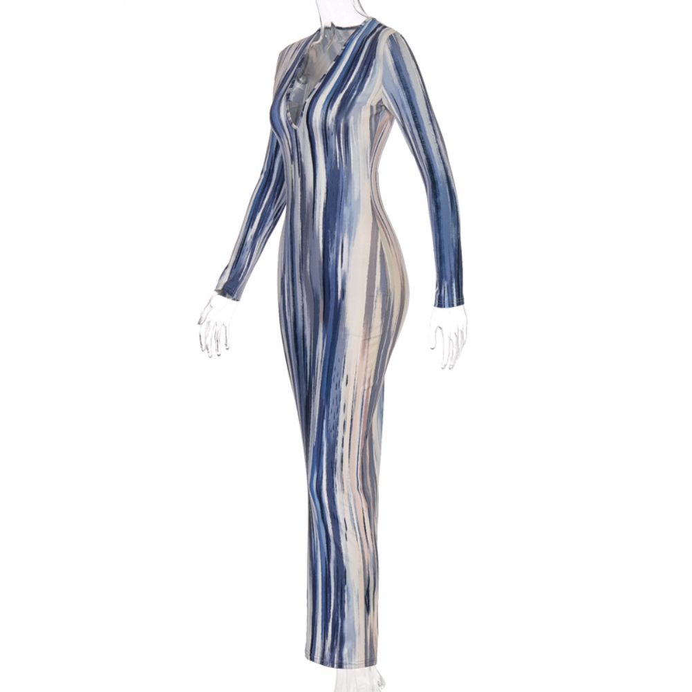 Fall Tie Dye V-Neck Maxi Dress with Full Sleeves