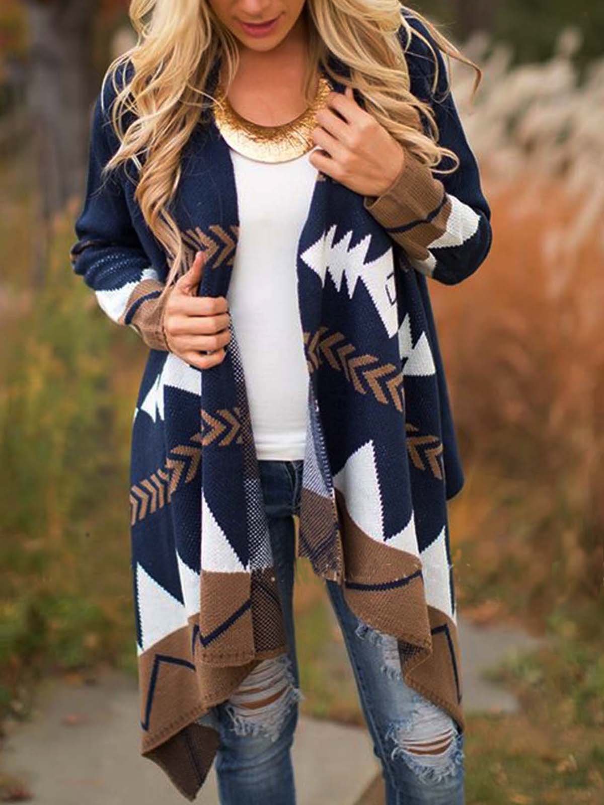 Color-Block Long Sleeve Casual Tribal Cardigan