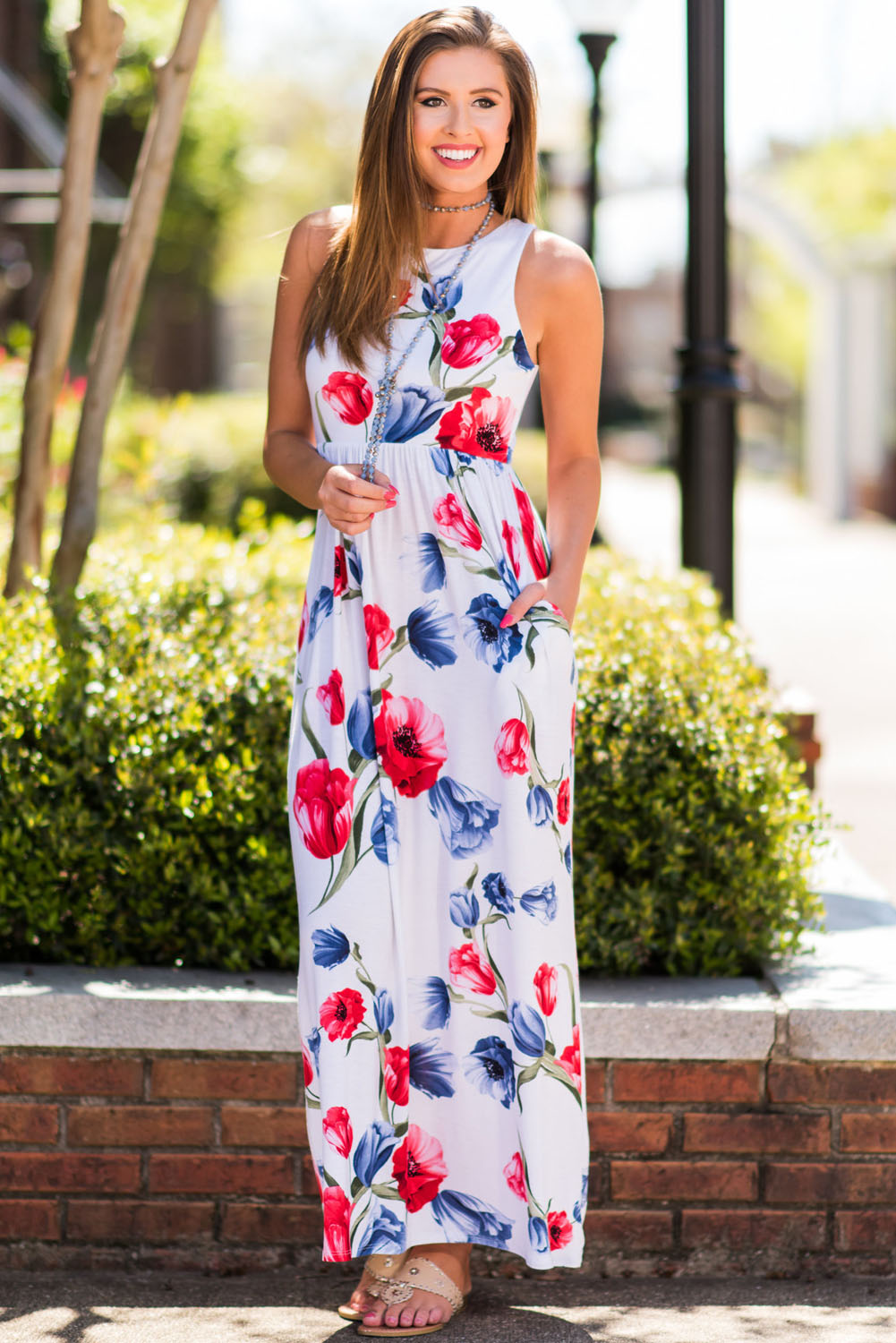 White Blossom Print Sleeveless Long Boho Dress