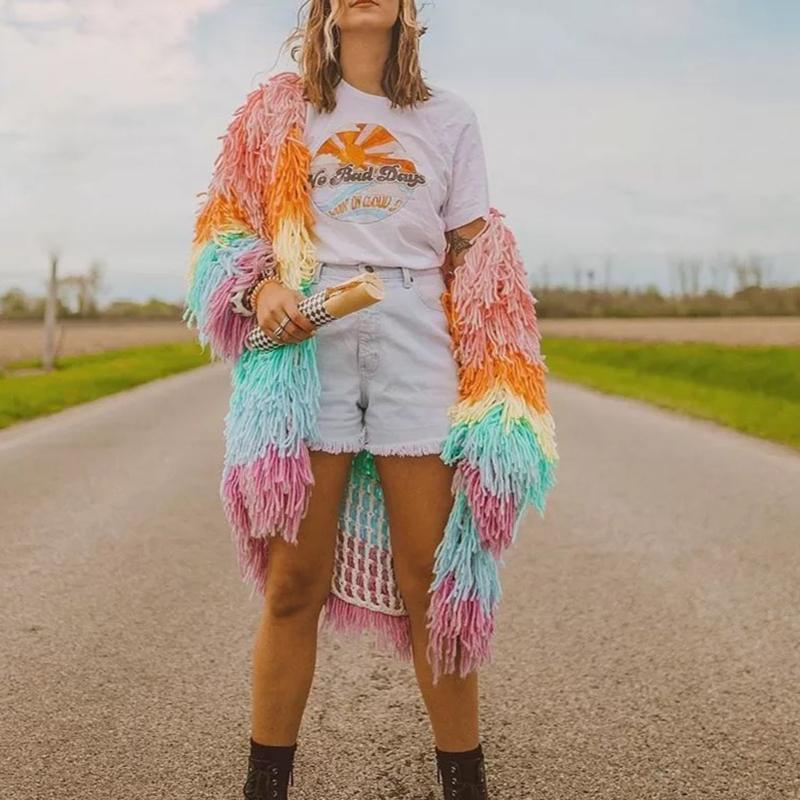 Fashion Colorblock Long Plush Cardigan Coat