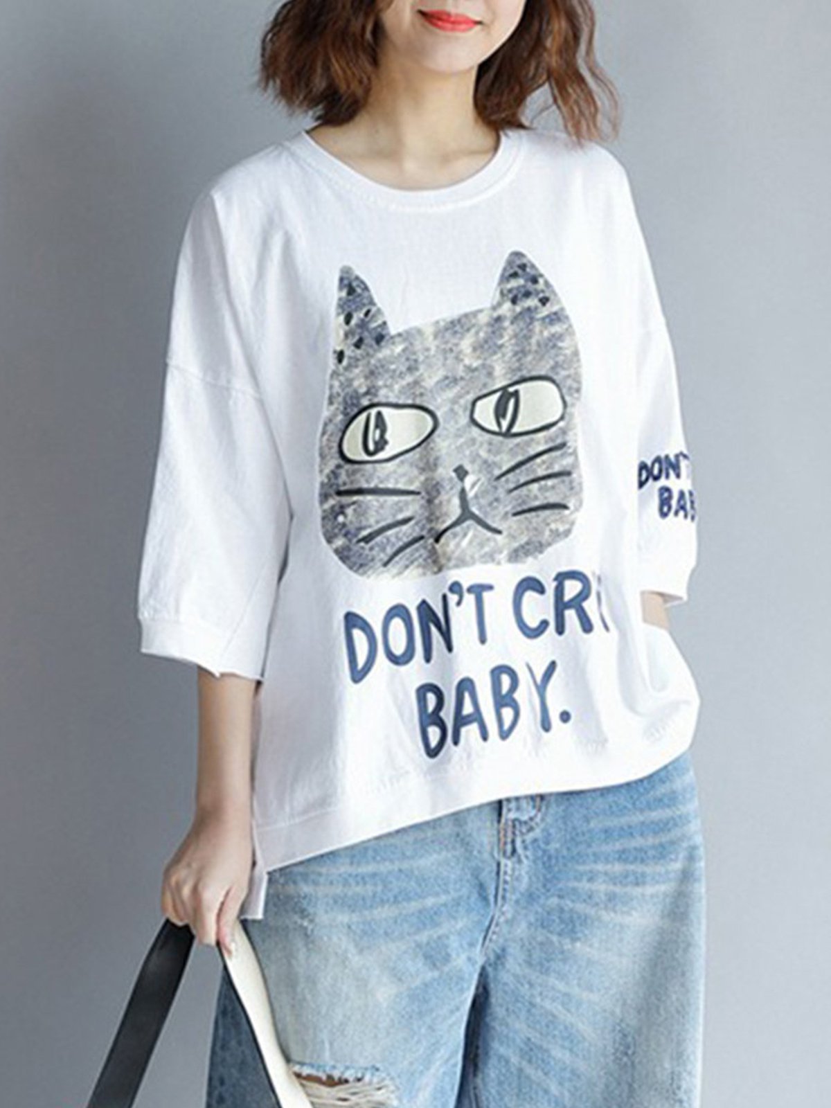 Casual 3/4 Sleeve Round Neck Plus Size Tops