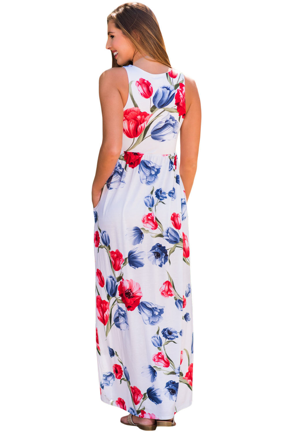 White Blossom Print Sleeveless Long Boho Dress