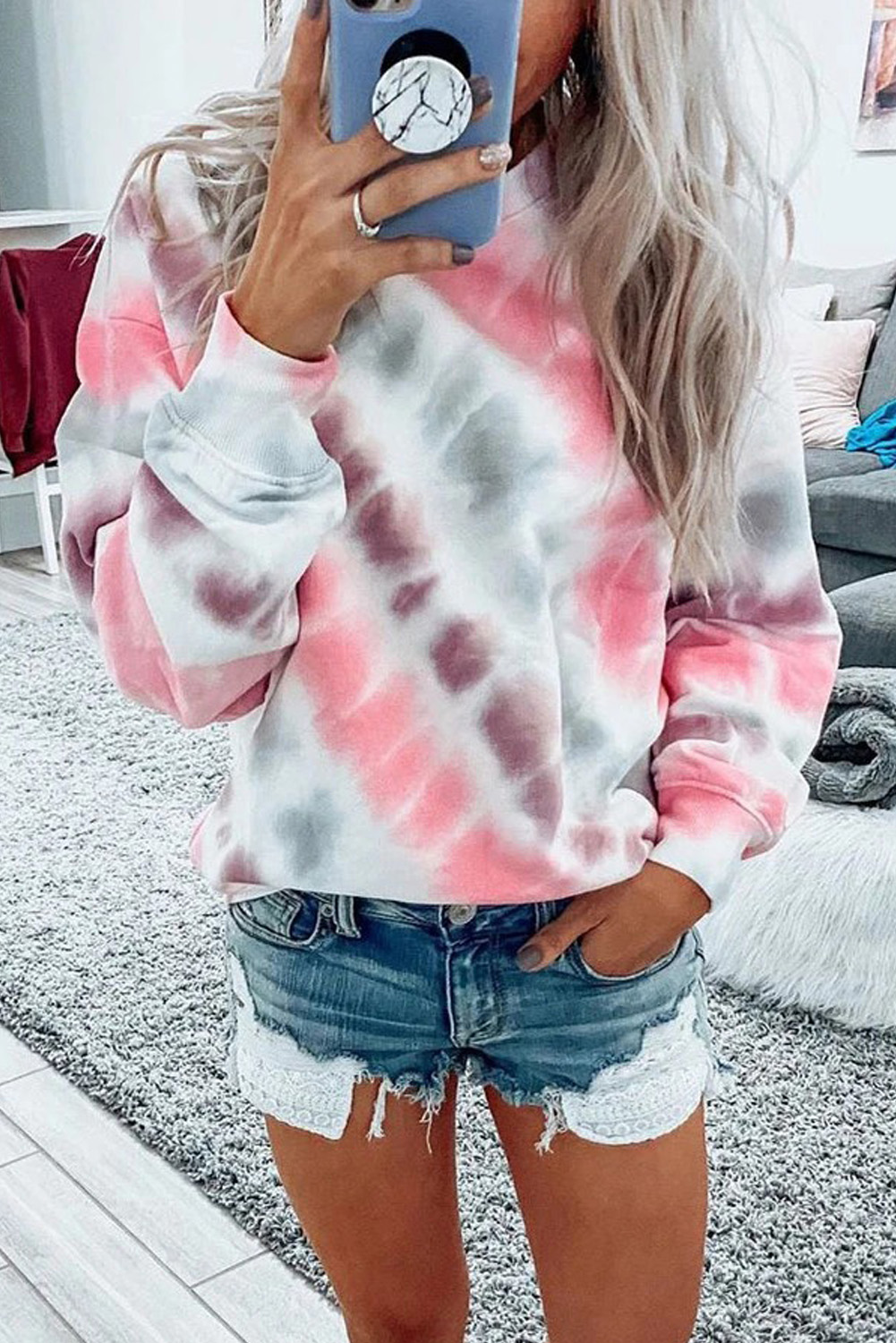 粉色拼色扎染休闲圆领长袖套头卫衣