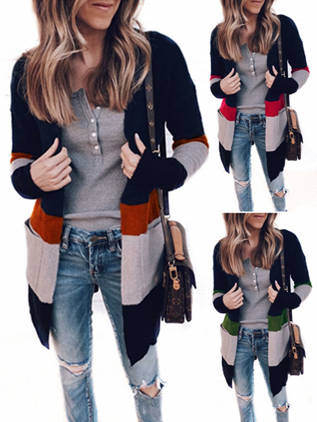 Long Sleeve Color-Block Striped Cardigans