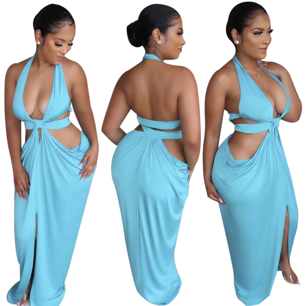 Sexy Low Back Cut Out Halter Plain Maxi Dress