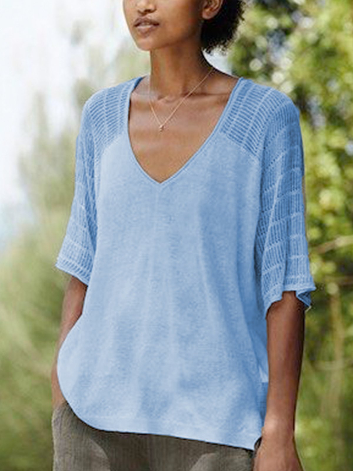 Casual Solid Short Sleeve V Neck Shirts & Tops