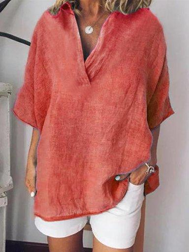 Linen Short Sleeve Solid Casual Shirts Blouses