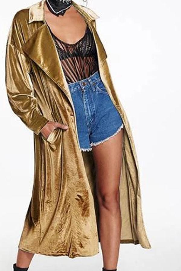 Fashion Lapel Collar Plain Belt Loose Long Coat