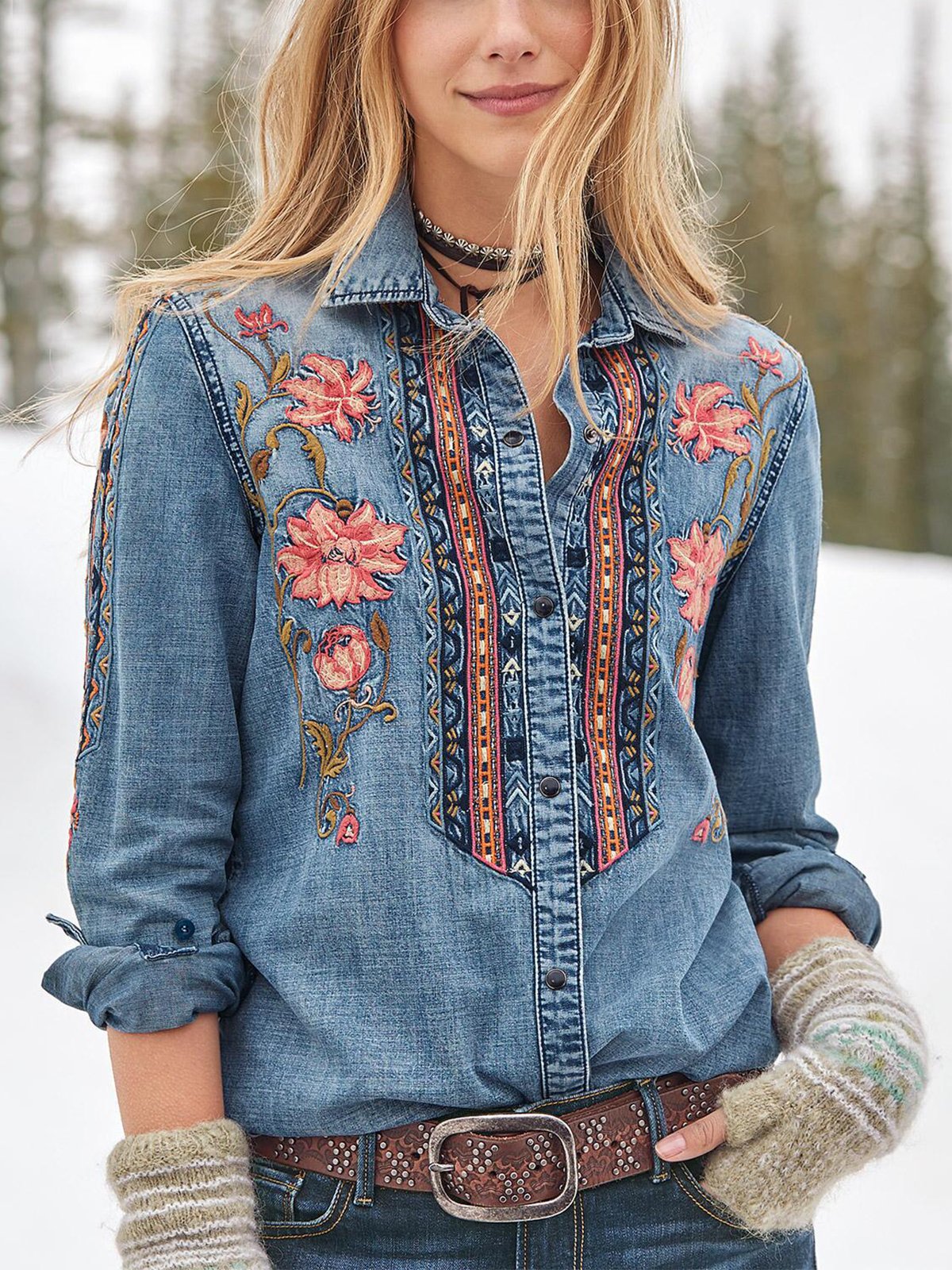 Floral Shawl Collar Casual Long Sleeve Shirts & Tops