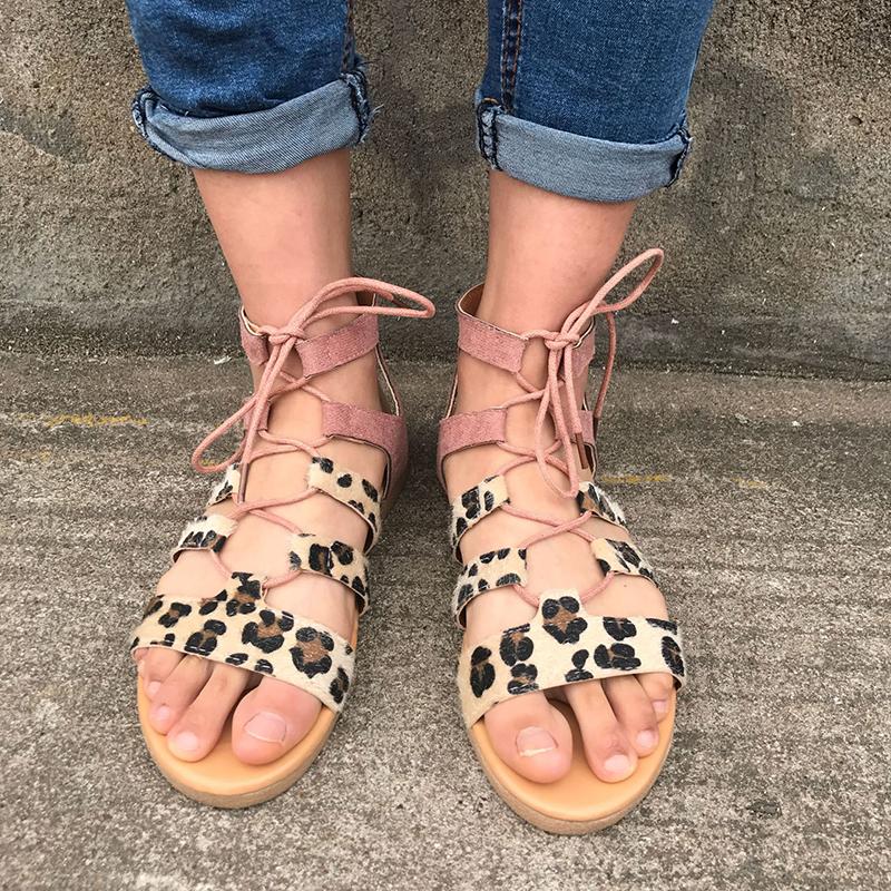 Women Casual Leopard Lace Up Flat Sandals