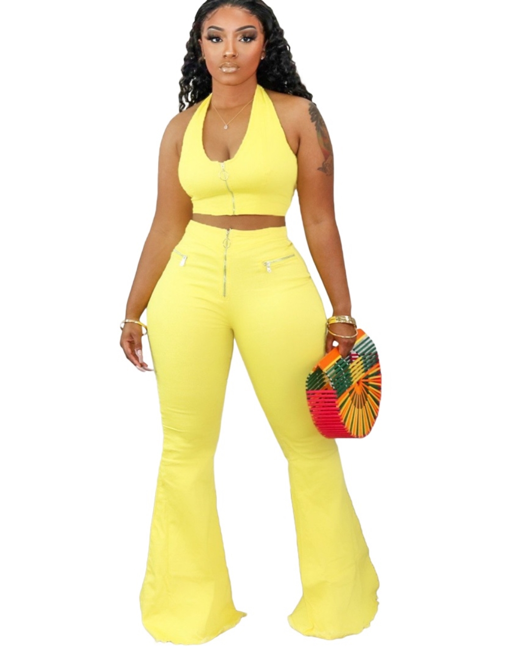 Sexy Plain Halter Crop Top and Flare Pants Set