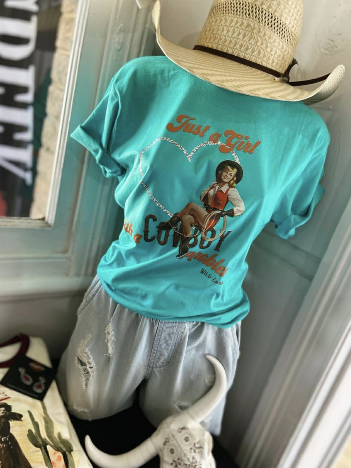 Cowgirl Turquoise Short Sleeve Boho Shift Shirts & Tops