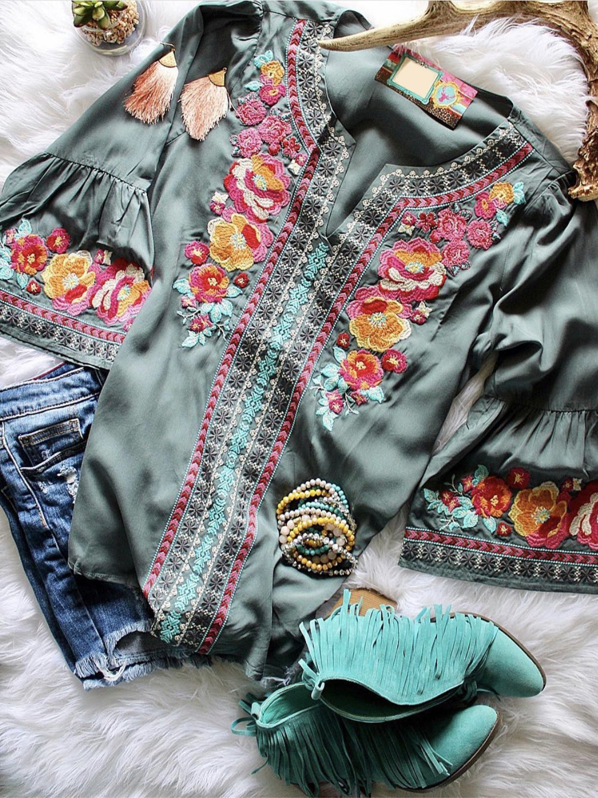 V Neck Floral Vintage 3/4 Sleeve Shirts & Tops