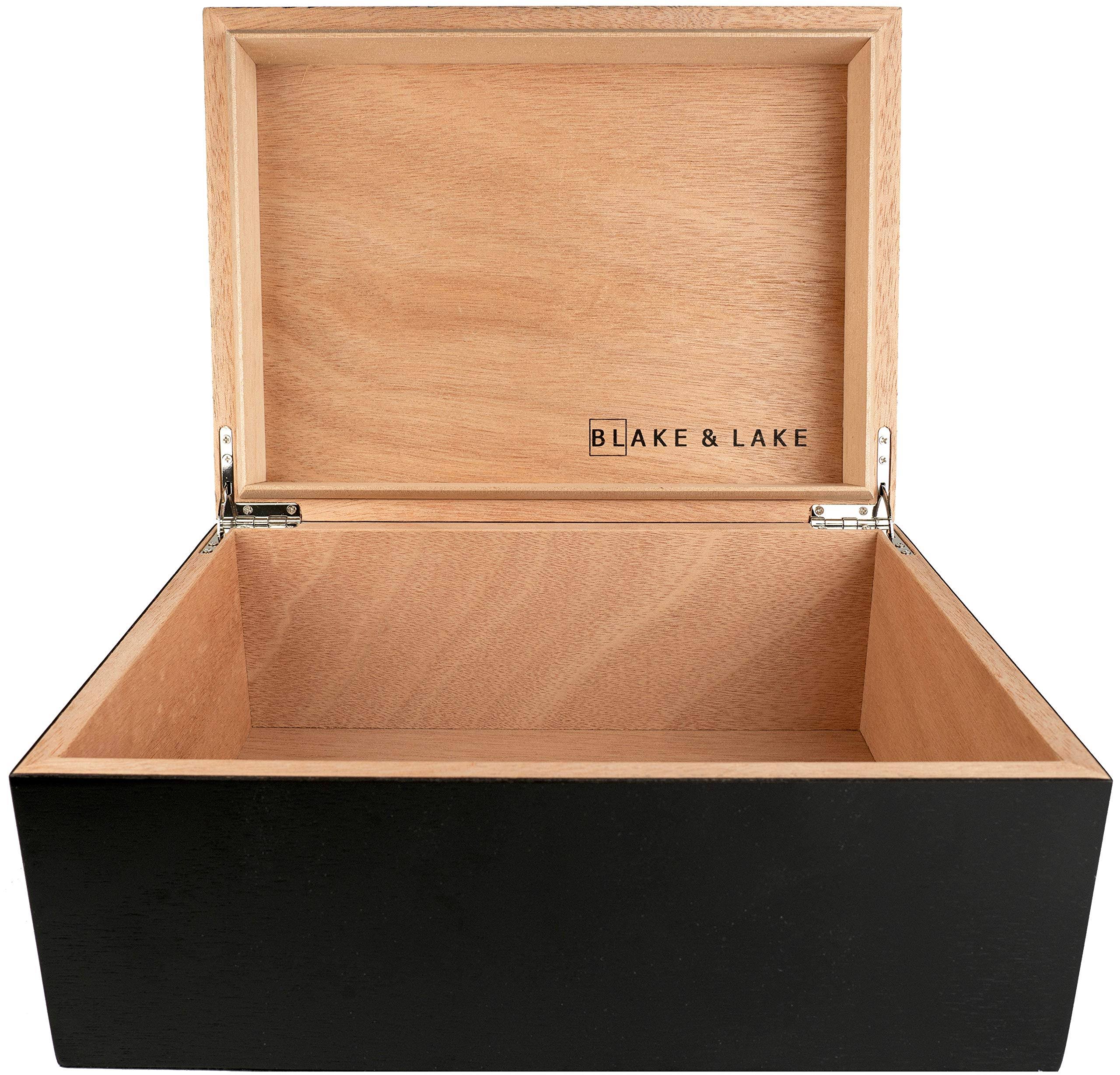 Blake Lake Large Wooden Box with Hinged Lid - Wood Storage Box with Lid (Matte Black)