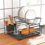 Double Rows Stainless Steel Dishes Drying Rack With Drain Board For Kitchen Counter