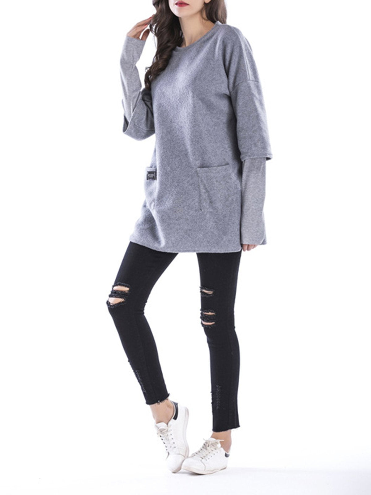 Crew Neck Long Sleeve Solid Casual Paneled Plus Size Hoodie