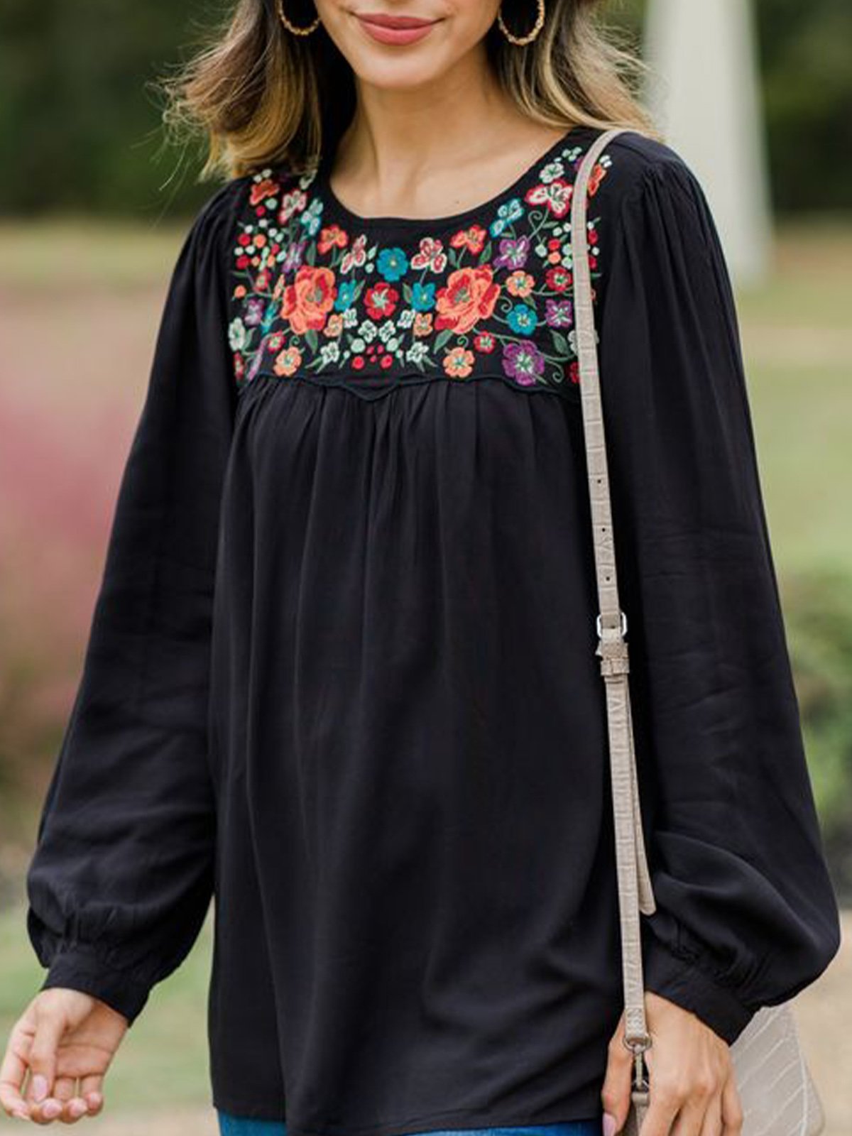 A-Line Cotton-Blend Long Sleeve Floral-Print Shirts & Tops