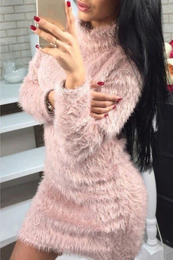 High Neck  Plain  Long Sleeve Bodycon Dresses