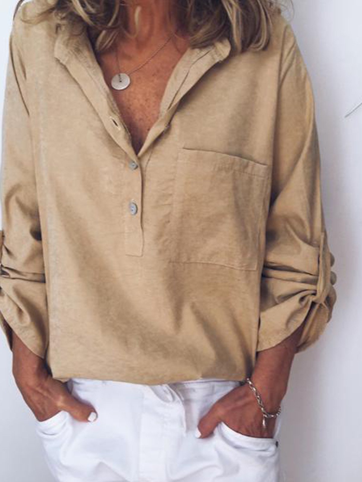 Women V Neck Cotton Linen Loose T Shirt Tops Tunic